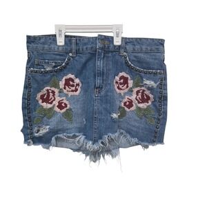Free People Embroidered Floral Studded Distressed Denim Skort Blue Size 28